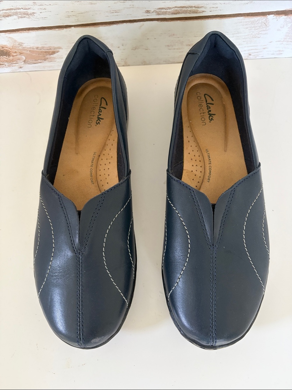 Clarks Navy Slip-On Stitch-Detail Comfort Flats 9.5